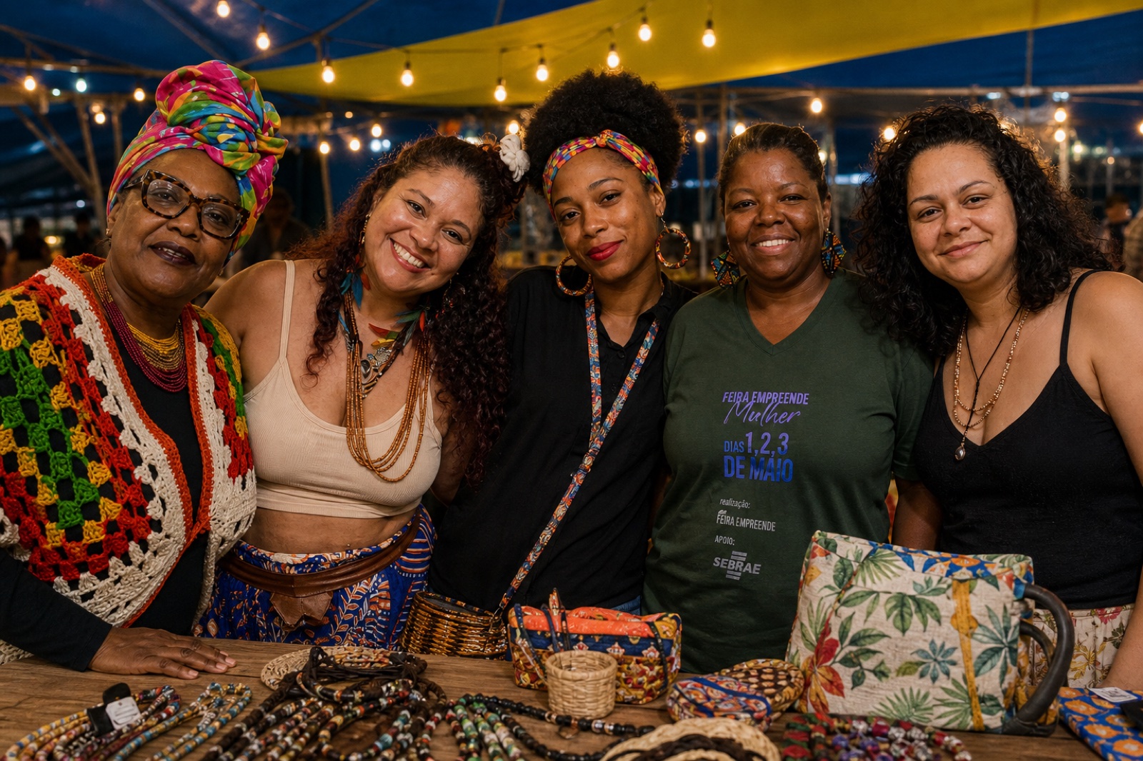 As cinco viajantes do Projeto das Pretas: Dona Rosa, Greice Manauara, Déia Souza, Noeli Ferreira e Dyulie Ben Bolon, juntas no estande do Projeto das Pretas em Ilhabela