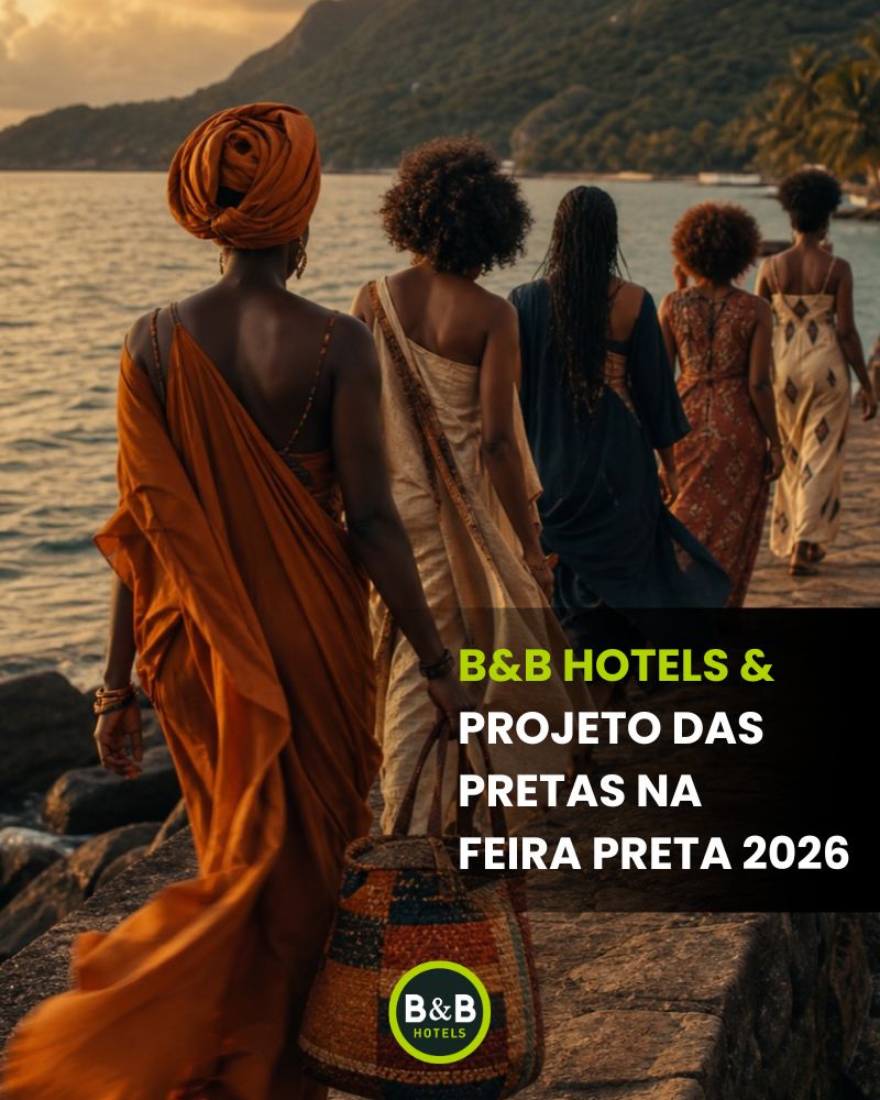 B&B Hotels & Projeto das Pretas na Feira Preta 2026 — cinco mulheres negras caminhando à beira-mar em Ilhabela ao entardecer