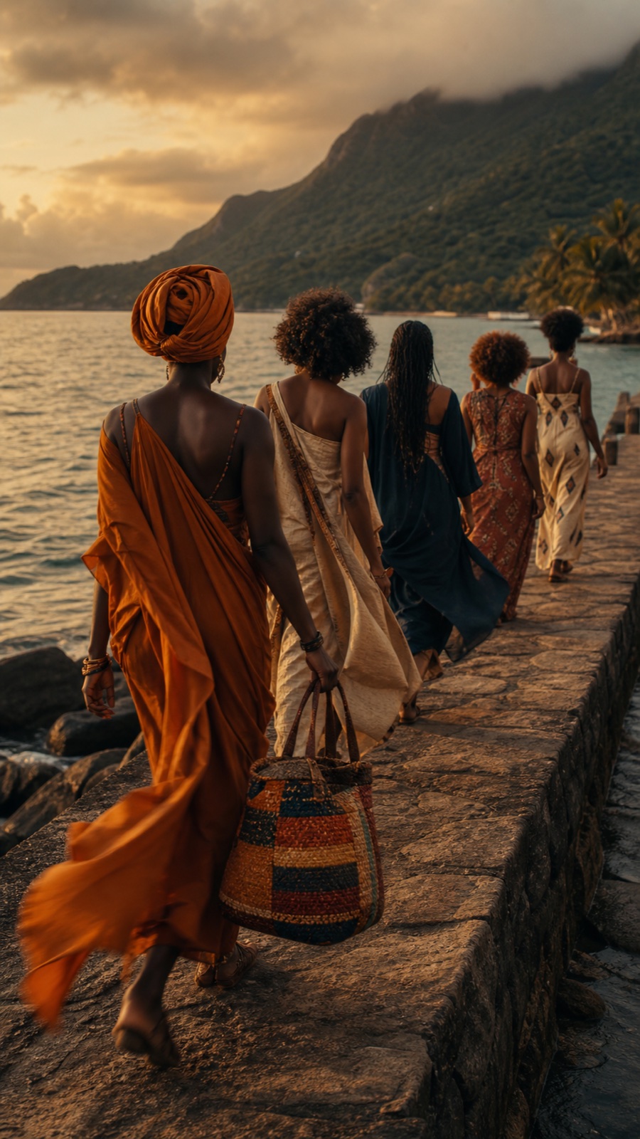 Cinco mulheres caminhando em fila no píer de Ilhabela ao golden hour, vestindo tecidos em terracota, ivory e navy, em direção ao mar e às montanhas