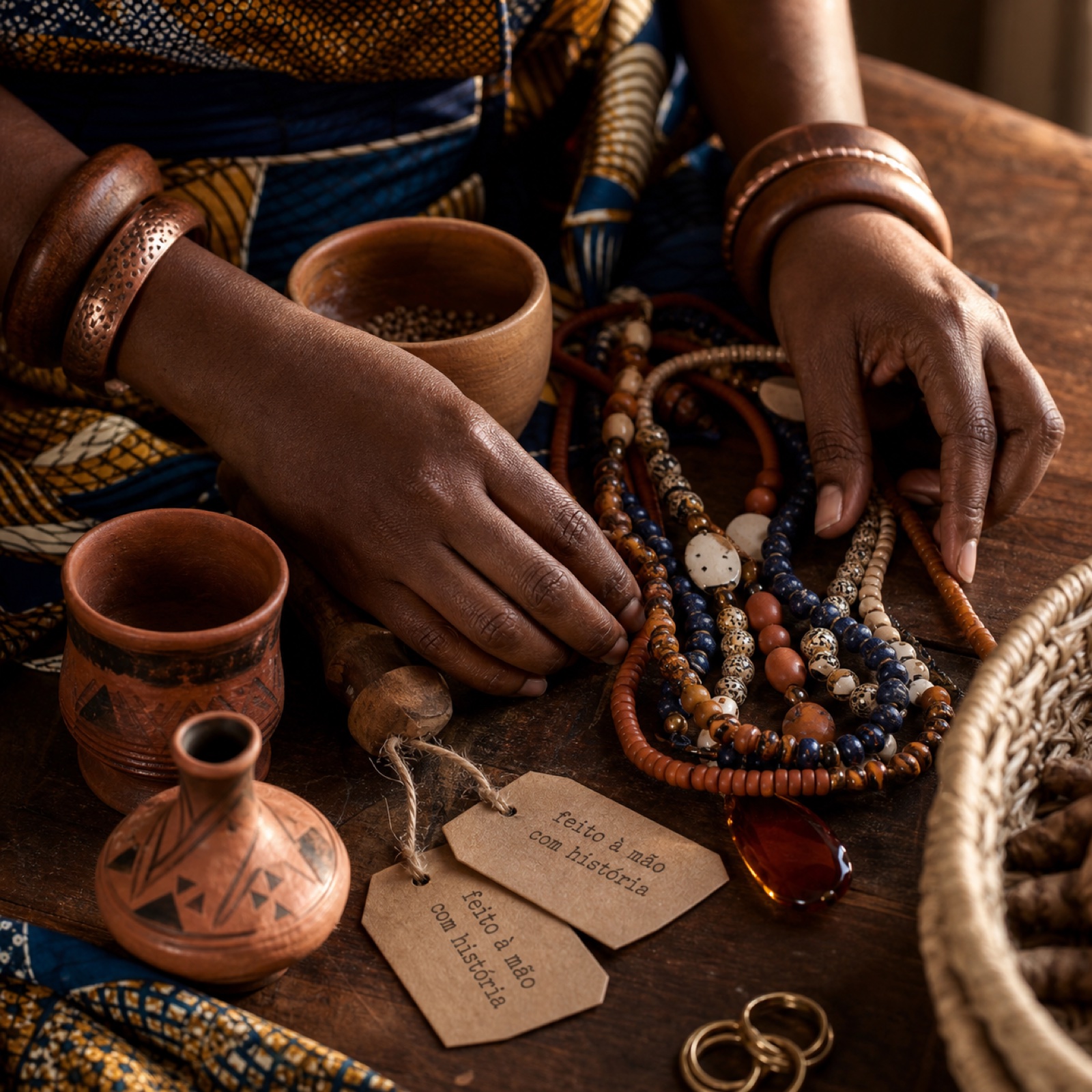 Mãos de mulher negra com pulseiras de cobre arrumando colares artesanais em mesa de madeira, com tags 'feito à mão com história'